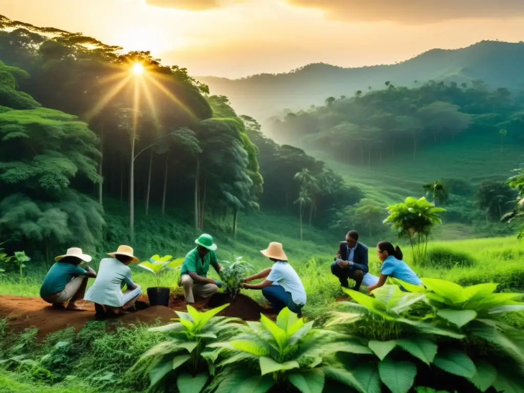 Colaboración entre ONGs y empresas para reducir la huella ambiental, plantando árboles en un bosque exuberante al atardecer