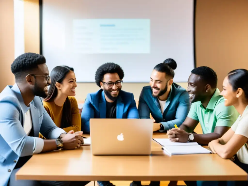 Colaboración entre startups y ONGs: Reunión animada y diversa en una oficina moderna, con luz natural y atmósfera inclusiva y productiva