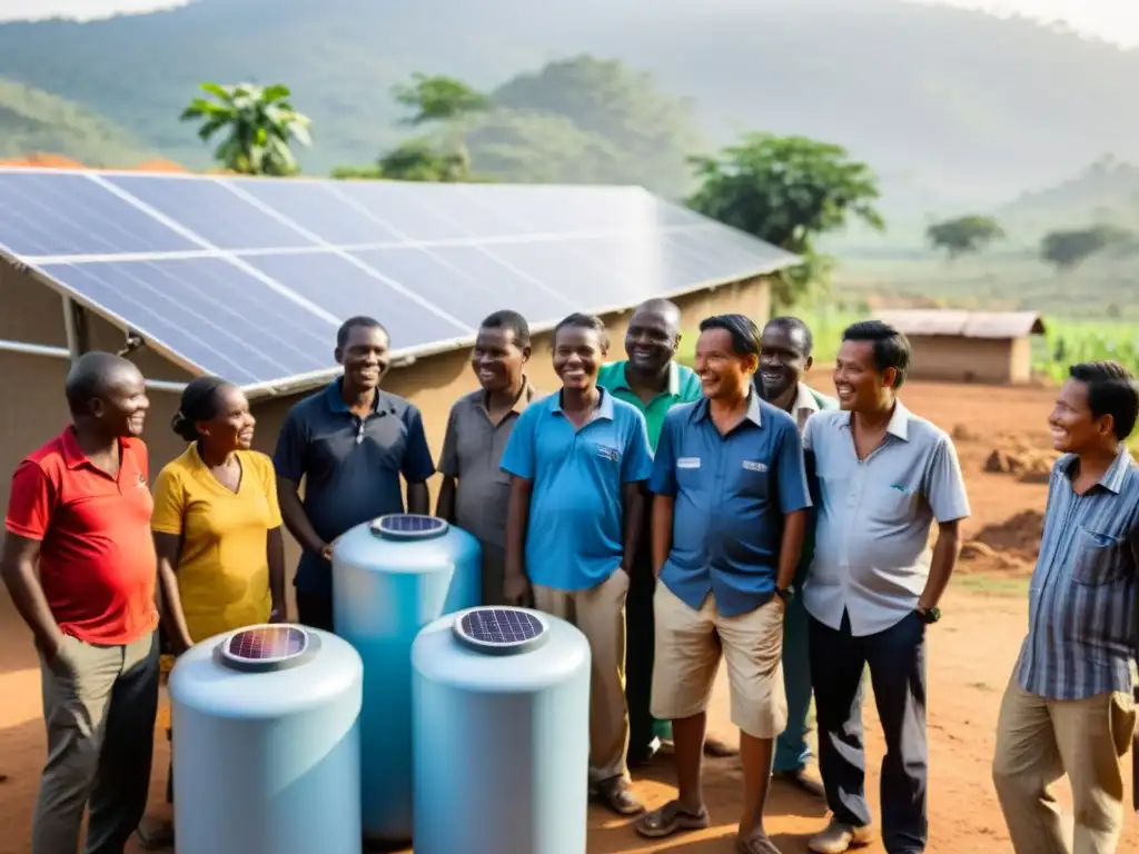 Colaboración entre tecnología, cooperación internacional y ONGs en una comunidad, usando un sistema de filtración de agua solar al atardecer