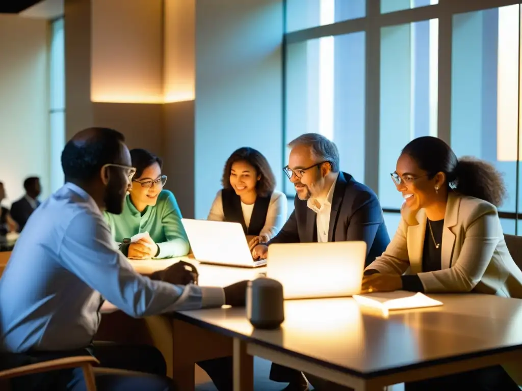 Colaboraciones científicas entre ONGs y academia: Científicos y representantes discuten animadamente alrededor de una mesa con documentos, laptops e instrumentos científicos, iluminados por cálida luz de ventana