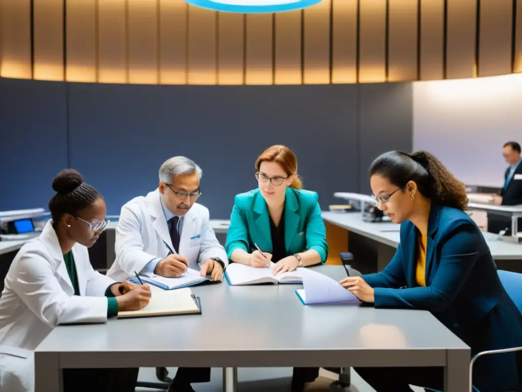 Colaboraciones científicas entre ONGs y academia: Grupo diverso de científicos y investigadores reunidos en laboratorio moderno, compartiendo conocimientos y trabajando en equipo