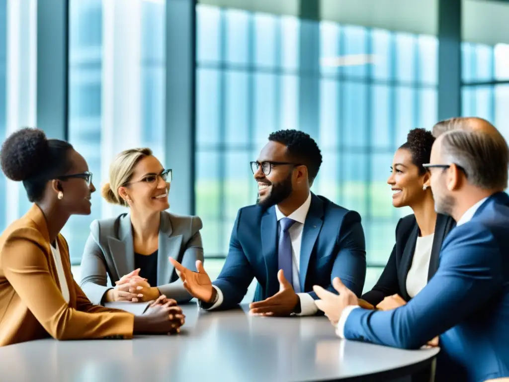 Representación de Ética en colaboraciones entre ONGs: discusión colaborativa y determinación en una sala de reuniones moderna y luminosa