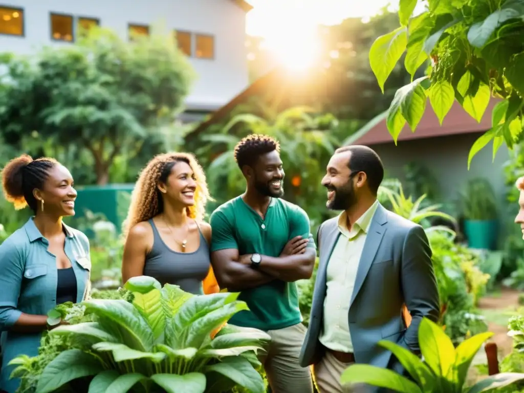 Colaboradores de ONG y emprendimientos sostenibles unidos en un jardín comunitario, irradiando propósito y progreso hacia un futuro sostenible