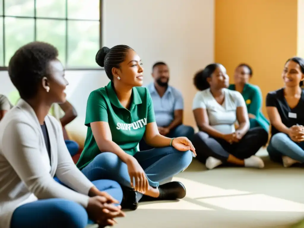 Colaboradores de ONGs comparten apoyo en círculo de salud mental, creando un ambiente cálido y solidario