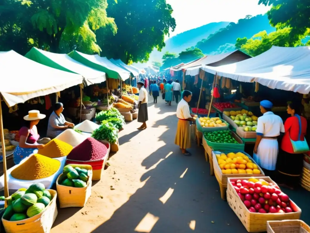 Colorido mercado rural donde la comunidad muestra valores locales, integrando valores locales en proyectos internacionales