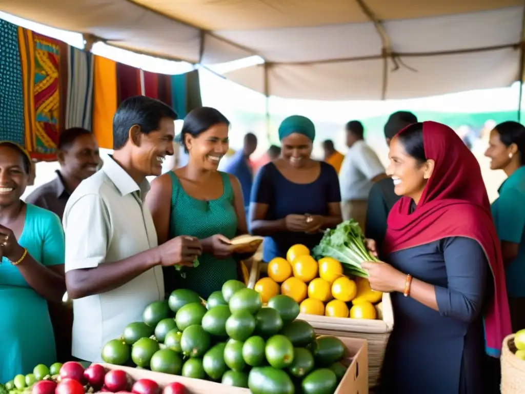 Comercio justo: impacto ONGs en comunidad diversa, mercado animado, productos éticos y conexiones genuinas