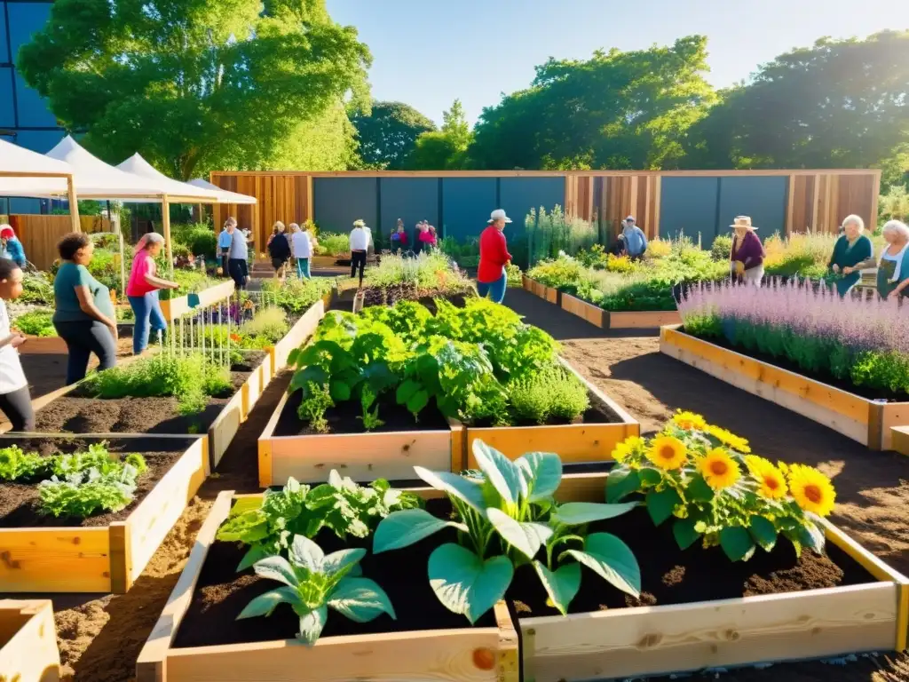 Una comunidad bulliciosa cultiva un jardín sostenible, donde plantas diversas florecen en camas elevadas