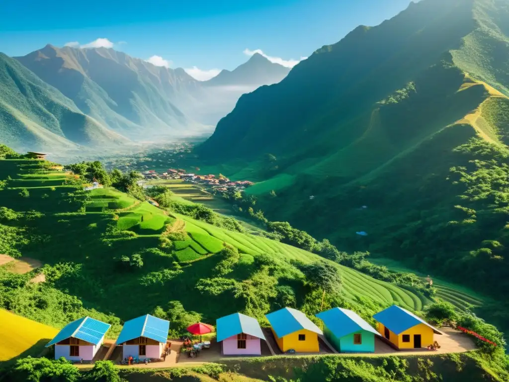 Comunidad construyendo casas ecológicas para turismo sostenible, rodeada de montañas verdes y cielos azules vibrantes