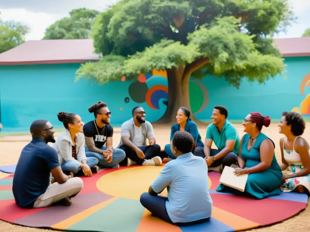 Una comunidad diversa participa en una animada conversación bajo un árbol