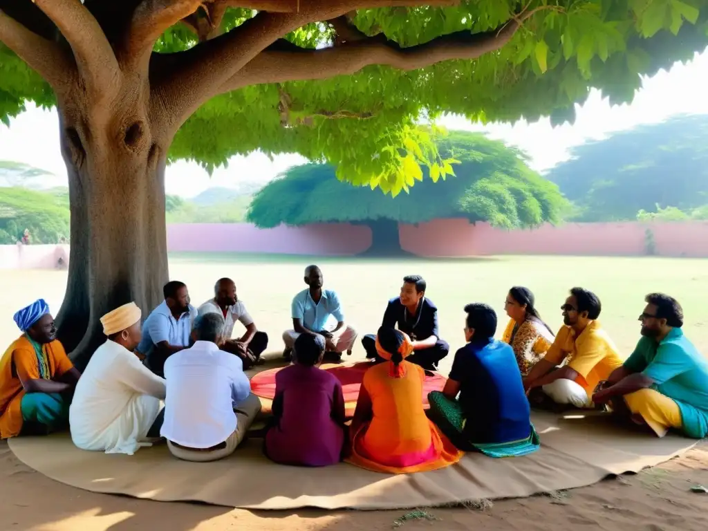 Una comunidad diversa se reúne bajo un árbol para dialogar