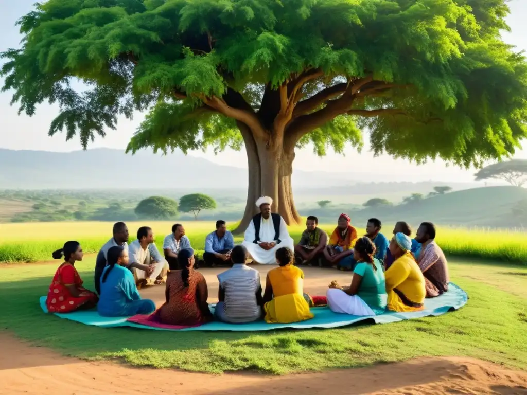 Una comunidad diversa se reúne bajo un árbol, discutiendo estrategias éxito desarrollo comunitario ONG, en un ambiente de unidad y colaboración