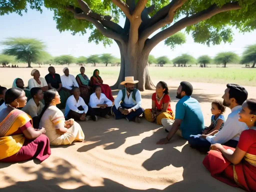 Una comunidad diversa se reúne bajo un árbol, compartiendo ideas con pasión y empoderamiento de la comunidad local