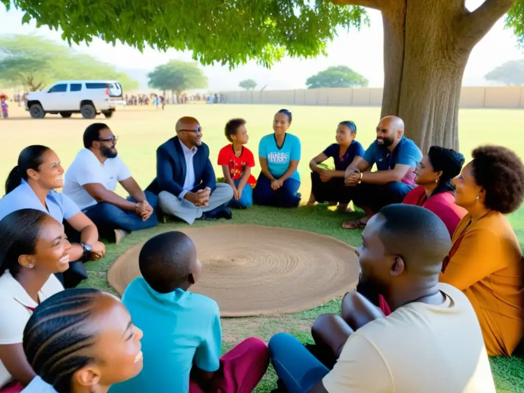 Comunidad diversa se reúne bajo árbol, hablando apasionadamente