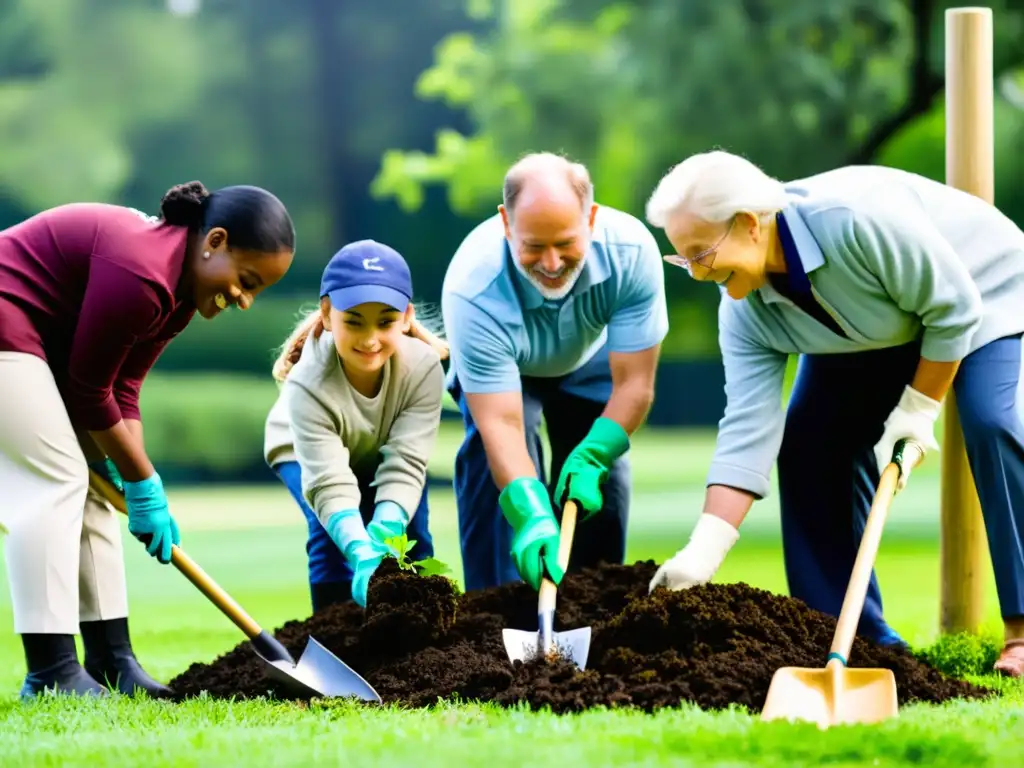 Comunidad diversa plantando árboles en parque local, involucrados en proyectos sostenibles con propósito y unidad