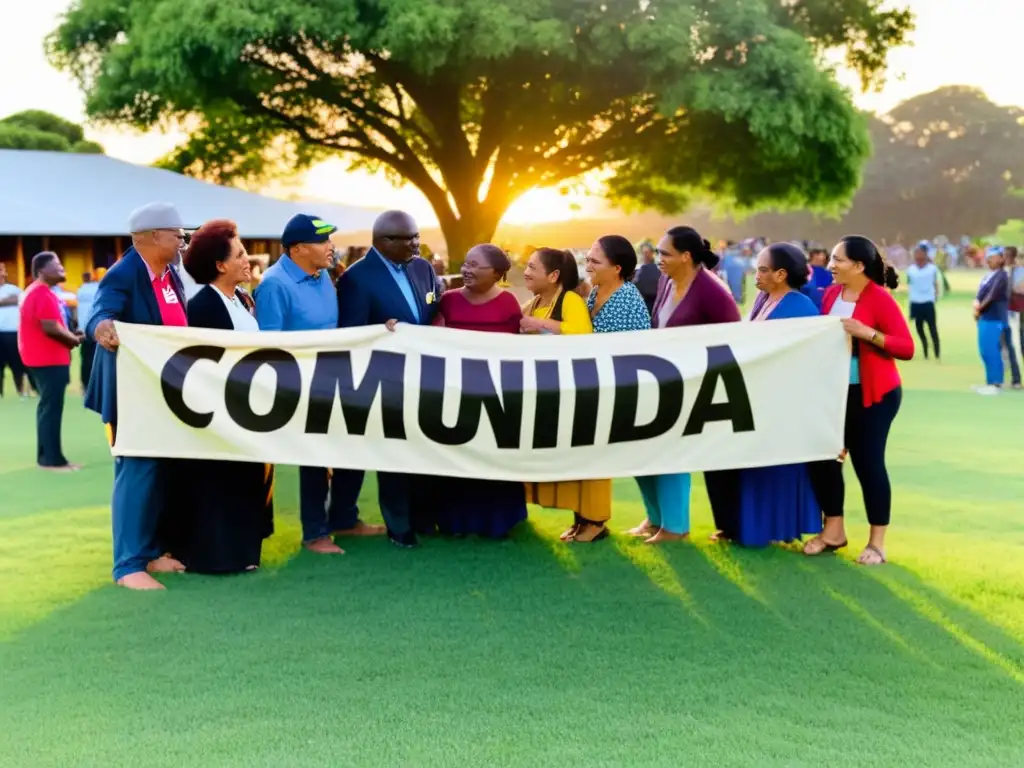 Una comunidad diversa se reúne en círculo en un campo, debatiendo sobre las necesidades