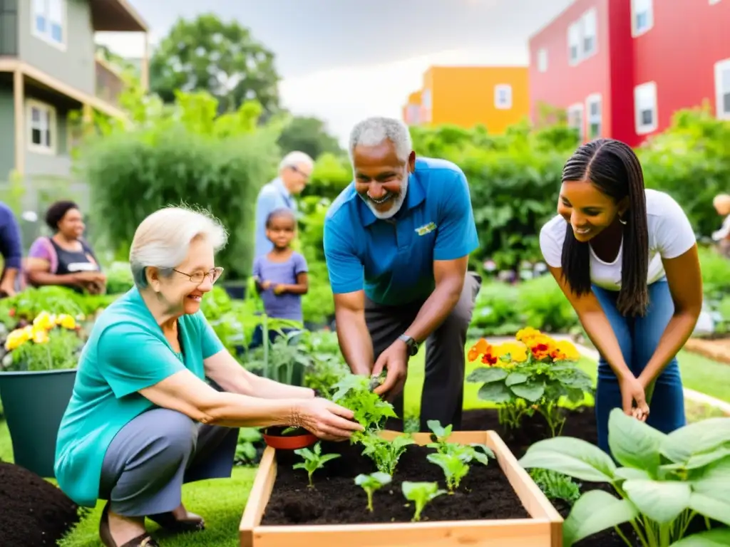 Una comunidad diversa y colaborativa cuida de un jardín urbano, reflejando la planificación de proyectos de impacto social