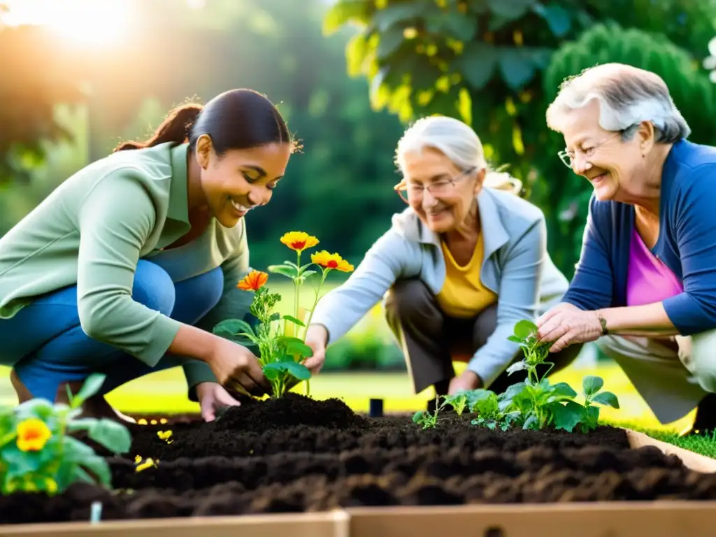 Comunidad diversa trabajando en jardín comunitario, reflejando espíritu de colaboración y estrategias éxito desarrollo comunitario ONG