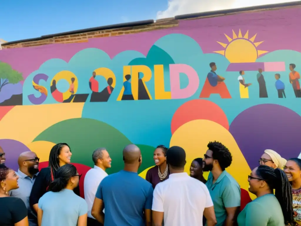 Comunidad diversa conversa y colabora frente a un mural vibrante que muestra escenas de solidaridad y activismo