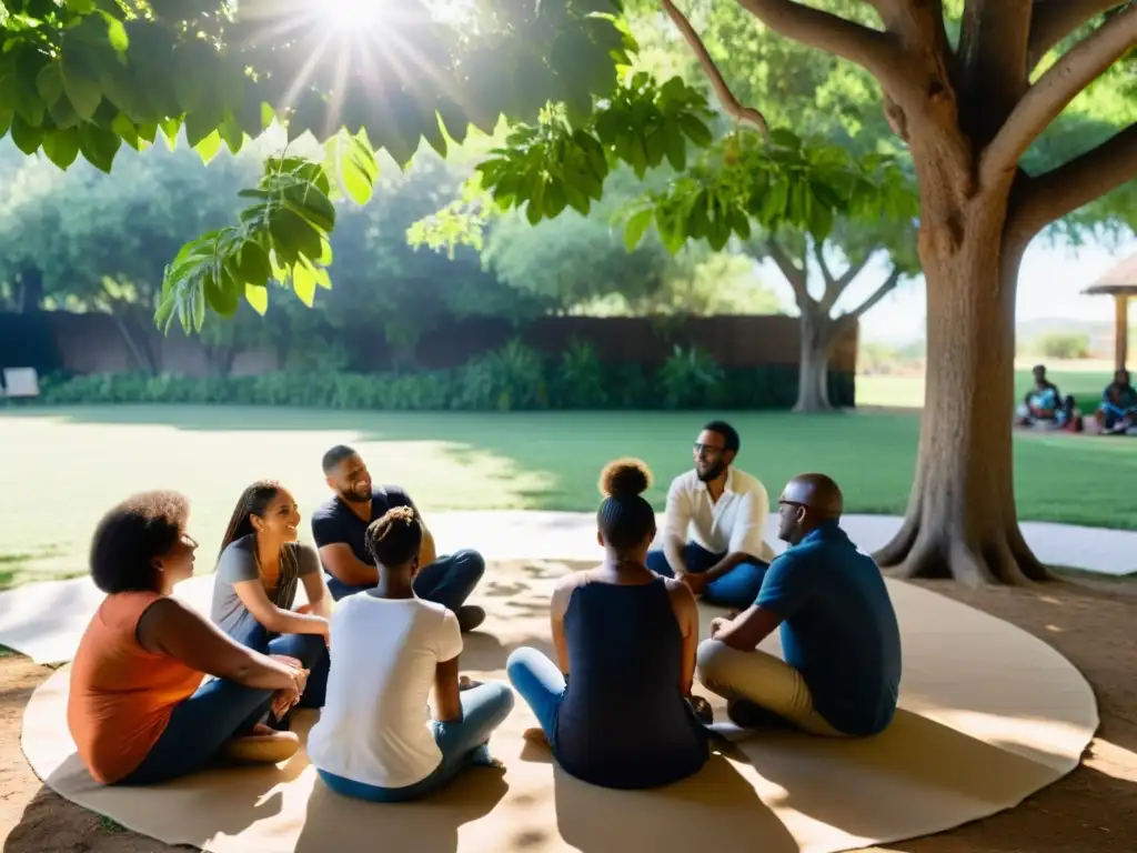 Una comunidad diversa participa en una evaluación bajo un árbol