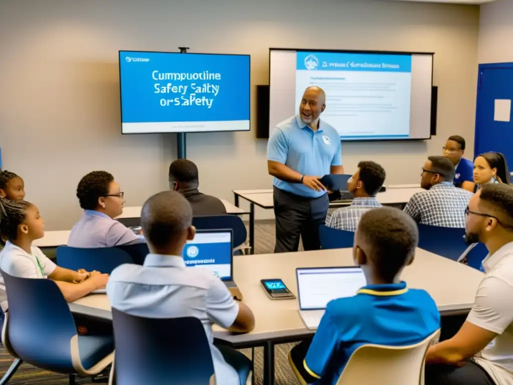 Una comunidad diversa aprende sobre seguridad digital en un ambiente cálido y colaborativo, rodeada de recursos educativos