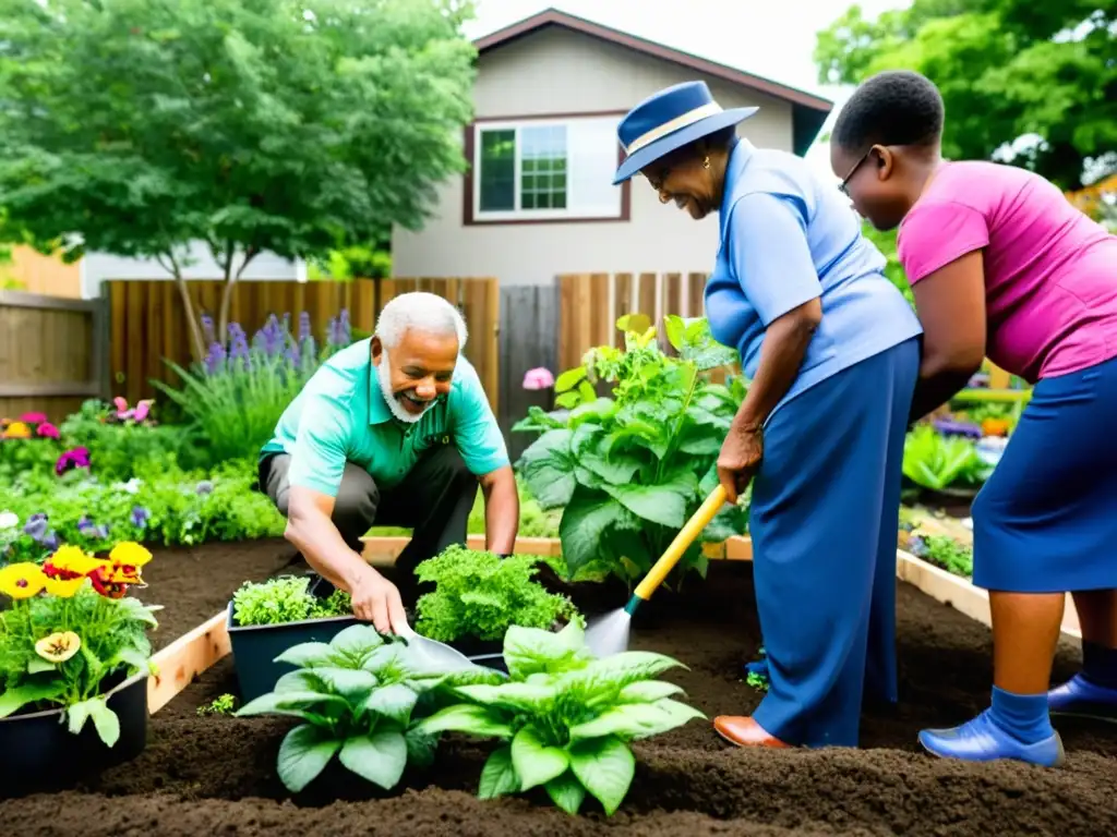 Comunidad diversa cuidando jardín sostenible en su vecindario