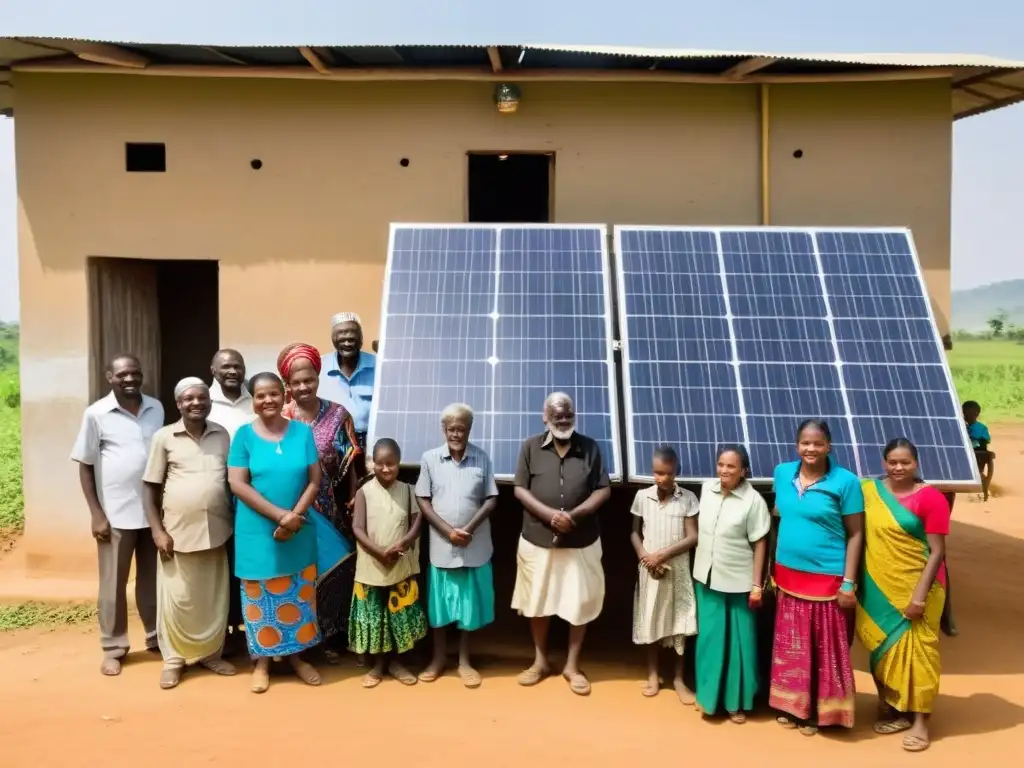 Comunidad diversa utiliza tecnología para desarrollo comunitario sostenible en una aldea rural, empoderamiento y progreso