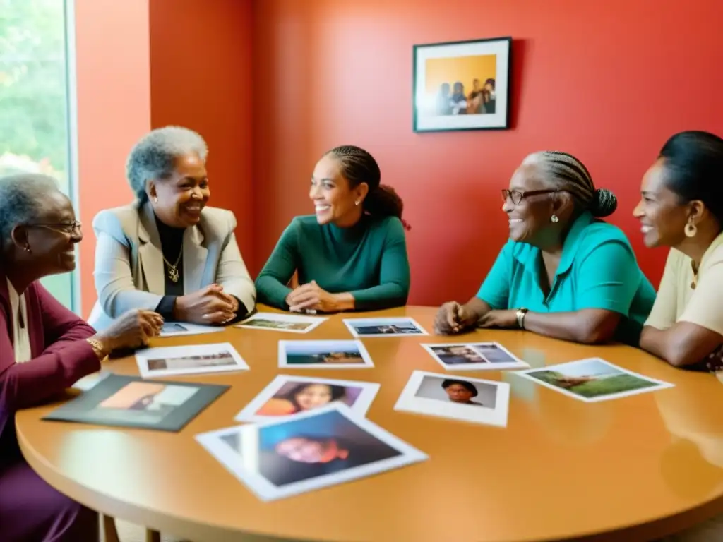 Una comunidad diversa se reúne en torno a una mesa llena de fotografías coloridas, participando en un proyecto de fotografía comunitaria