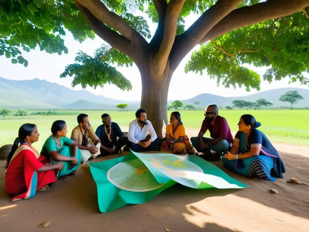 Comunidad local reunida bajo un árbol, discutiendo proyectos de ONGs para empoderamiento local en un paisaje vibrante y verde