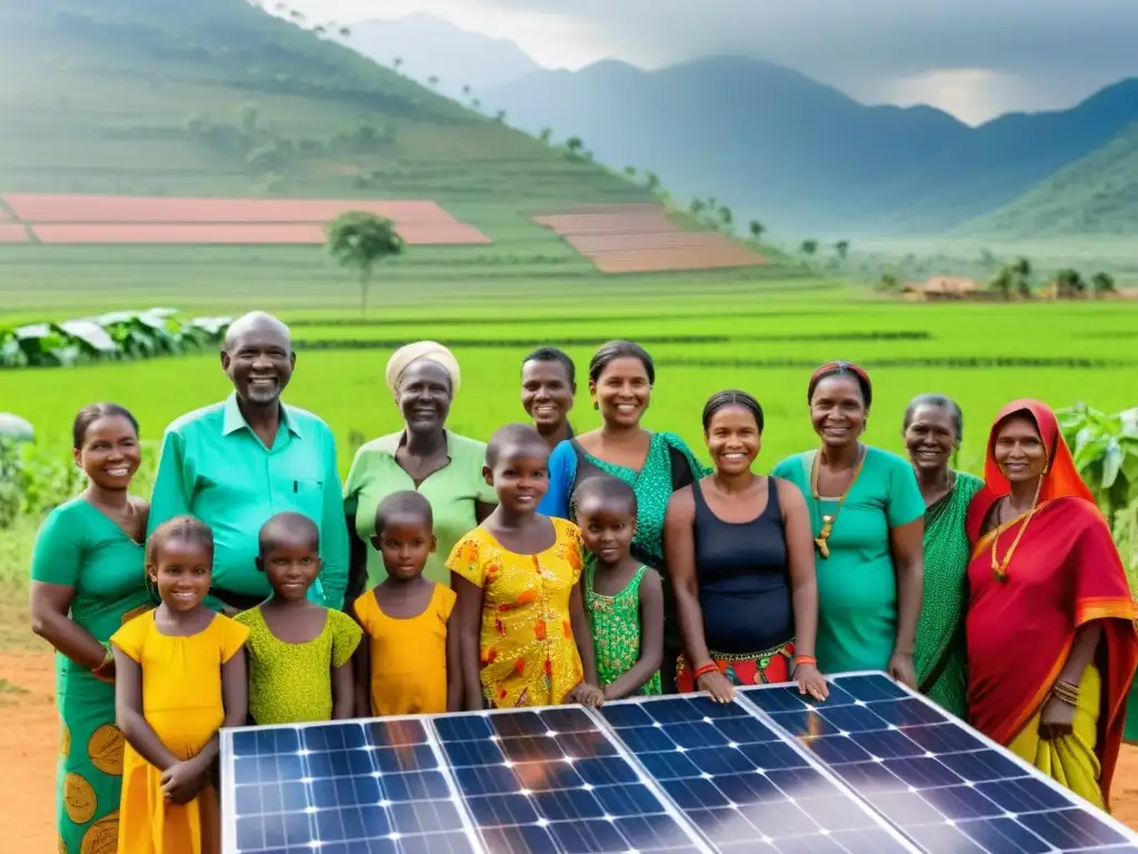 Comunidad reunida alrededor de paneles solares en aldea rural