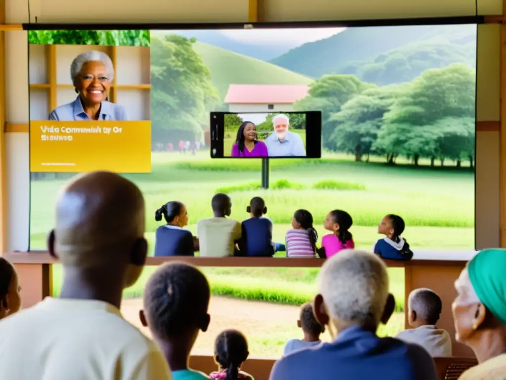 Comunidad reunida alrededor de pantalla viendo estrategias de video contar historias ONG, creando un ambiente cálido y esperanzador en entorno rural