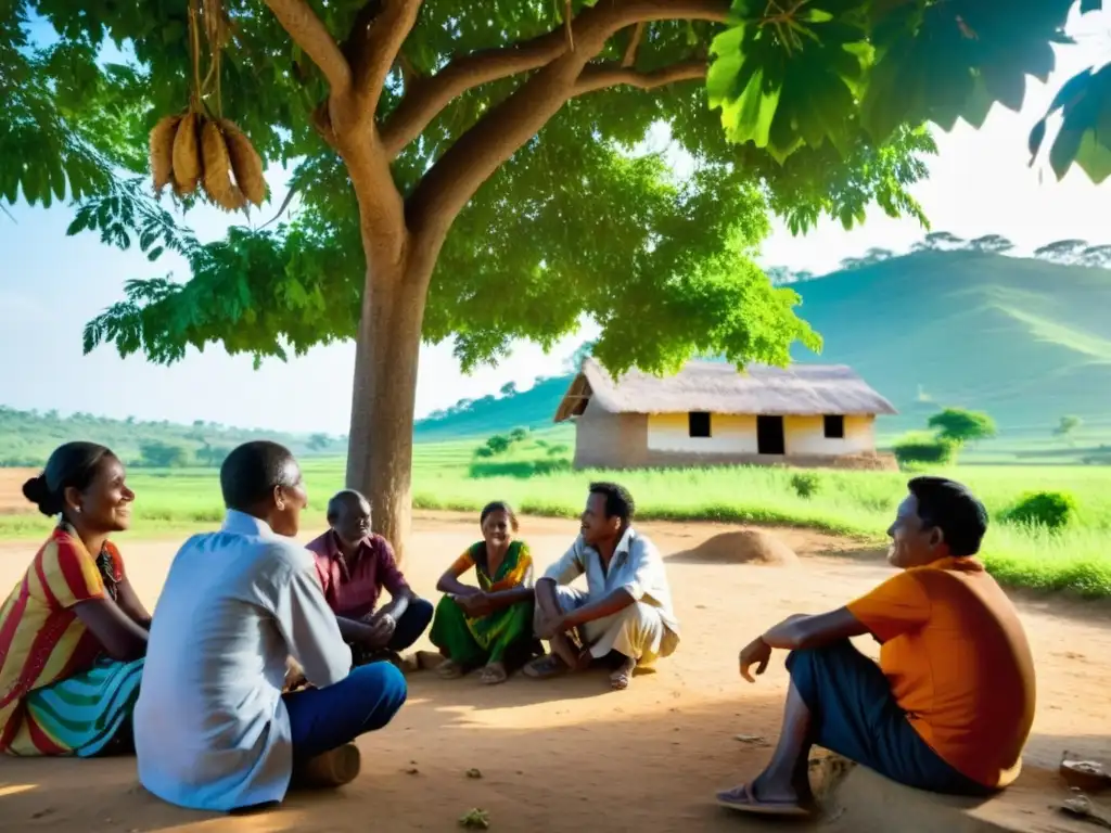 Una comunidad rural se reúne bajo un árbol, discutiendo un proyecto de desarrollo comunitario