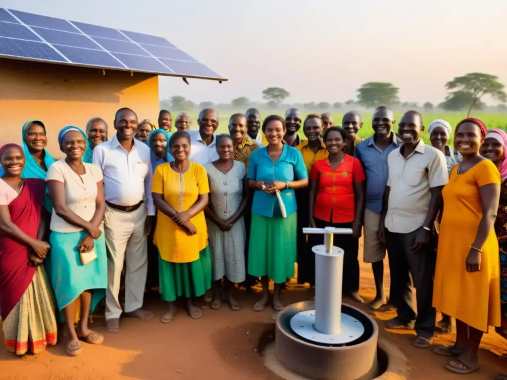 Comunidad rural se reúne alrededor de una bomba de agua solar, evocando esperanza y progreso con tecnología para desarrollo comunitario sostenible