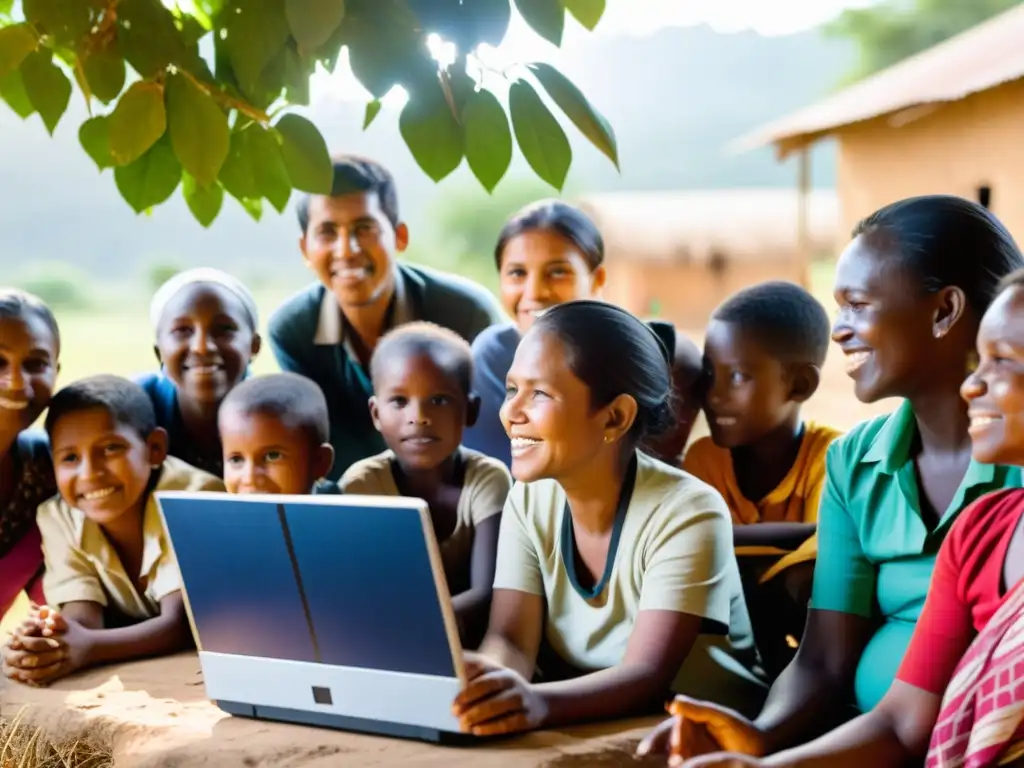 Una comunidad rural se reúne alrededor de una computadora solar, participando entusiastamente en un taller de alfabetización digital