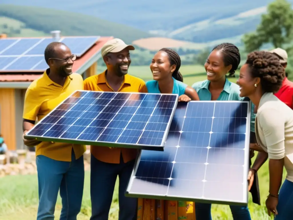 Comunidad unida instalando paneles solares, reflejando el empoderamiento de comunidades con energías renovables