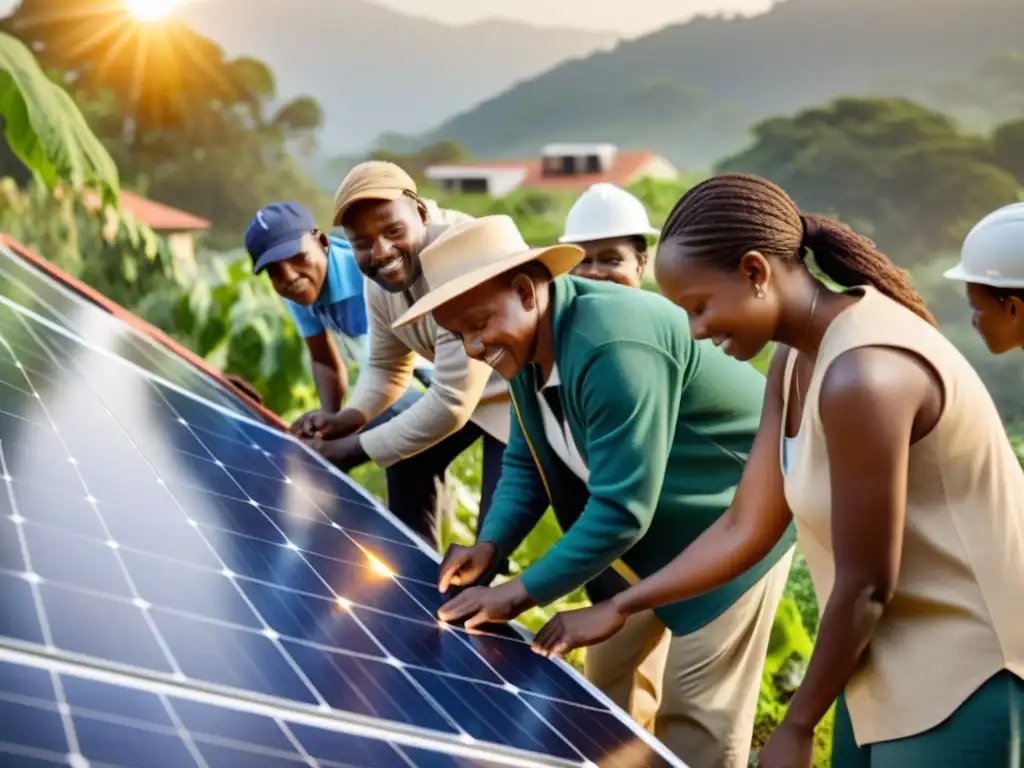 Comunidad unida instalando paneles solares, reflejando el empoderamiento de comunidades con energías renovables