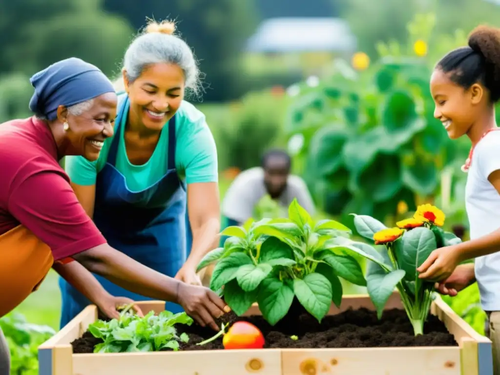 Colaboración en un jardín comunitario sostenible, reflejo del impacto positivo del Posicionamiento ONG escenario global