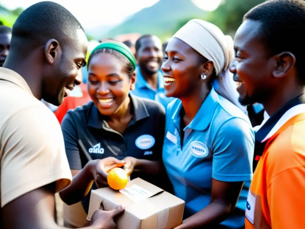 Una conmovedora imagen de voluntarios distribuyendo ayuda humanitaria, mostrando la medición de impacto para ONGs en acción