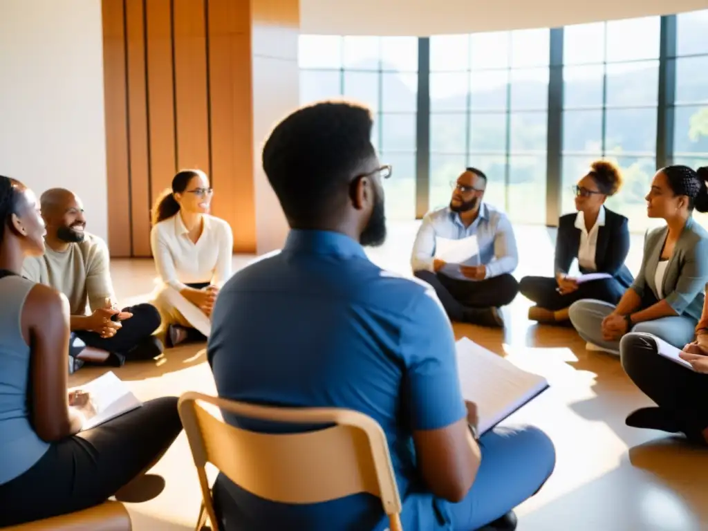 Formación para convertir conocimiento en ingresos: Profesionales diversos participan en un taller, tomando notas y debatiendo con entusiasmo