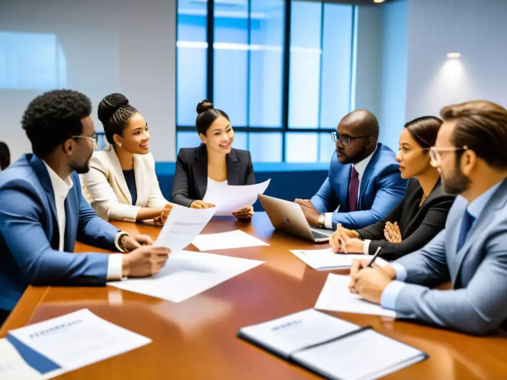 Consejos para el lobbying internacional de ONGs: Diversidad y colaboración en estrategias de cambio global en una sala de conferencias iluminada