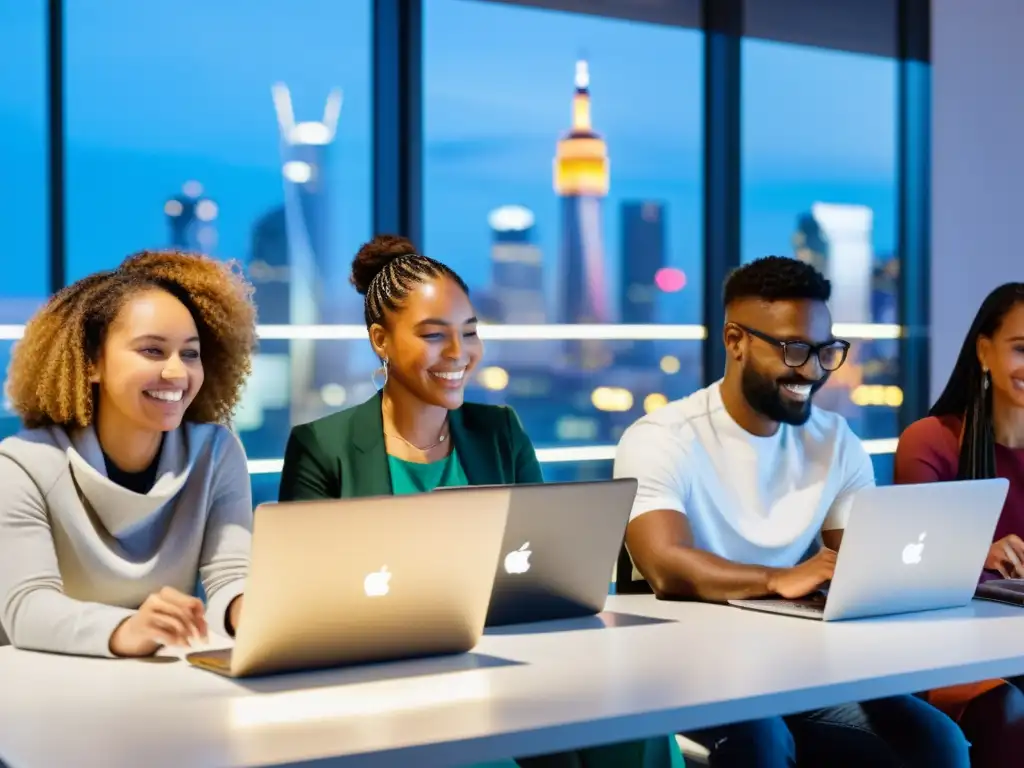 Coordinación de voluntariado a distancia: Diversos voluntarios colaborando en laptops y tablets en una oficina moderna, con luces de ciudad de fondo