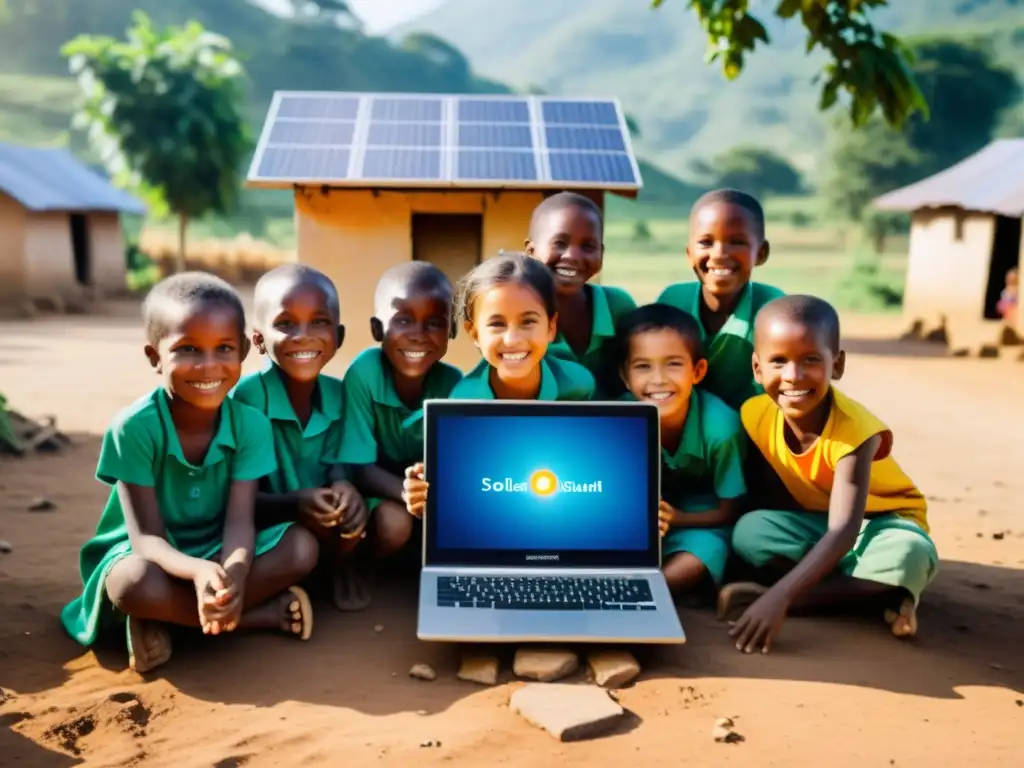 Invertir en criptomonedas para ONGs: Niños sonrientes en una aldea rural disfrutan de un ordenador solar, la luz del sol ilumina la escena mientras se sumergen en la tecnología, mostrando el impacto positivo de las inversiones en criptomonedas en comunidades marginadas