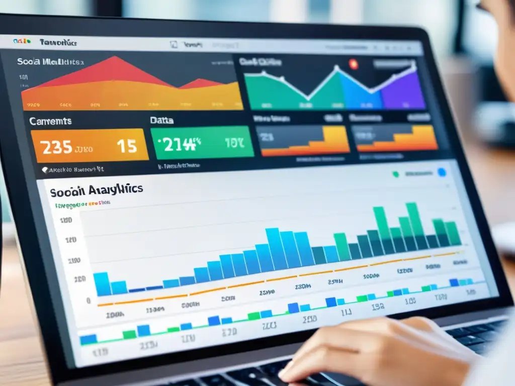 Un cuadro de mando de análisis de redes sociales en tiempo real, rodeado de notas adhesivas y pizarras con ideas