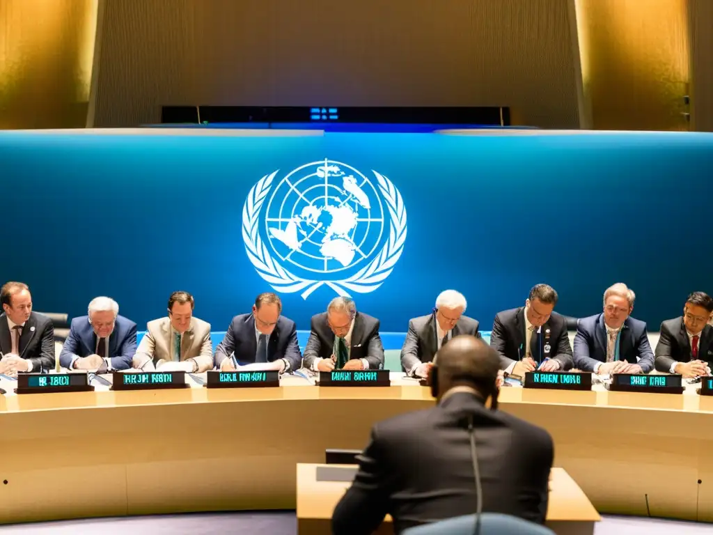 Delegados internacionales firmando normativas internacionales contra lavado dinero ONGs en conferencia de la ONU, ambiente profesional y serio