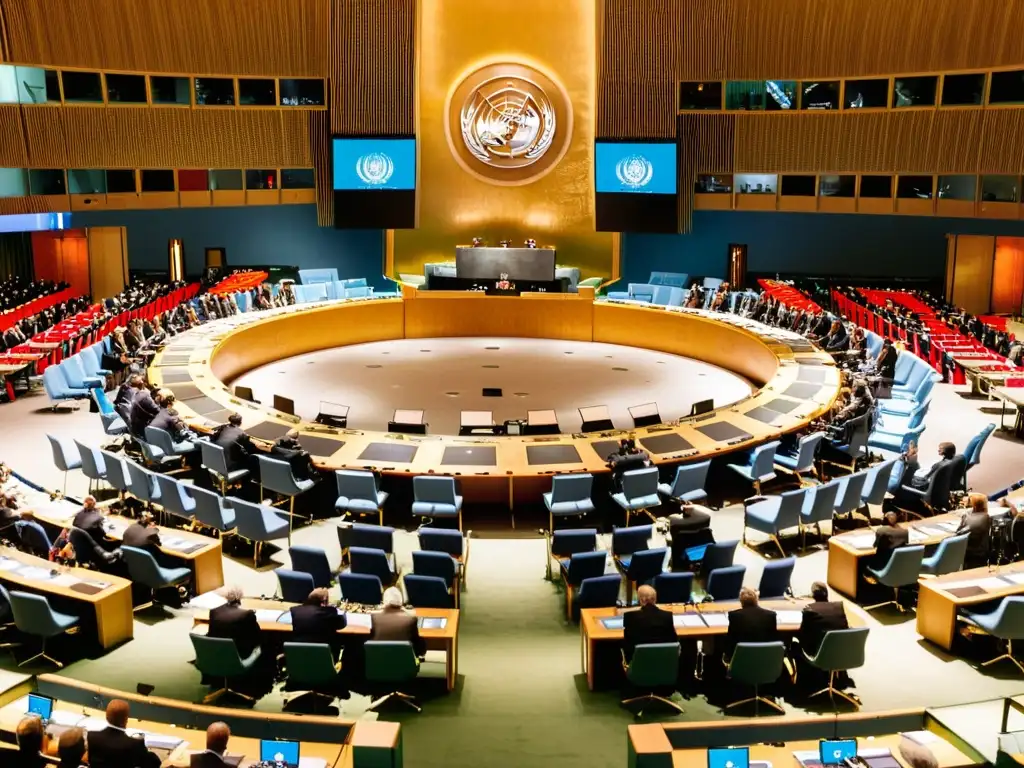 Delegados de diversos países en una conferencia de las Naciones Unidas, transmitiendo energía y diversidad