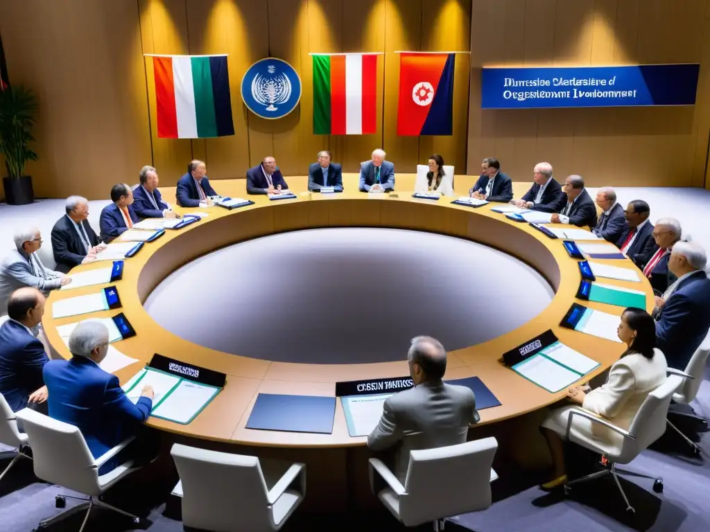 Delegados de diferentes países colaboran en una mesa redonda en una reunión de organizaciones multilaterales, mostrando cooperación y desarrollo