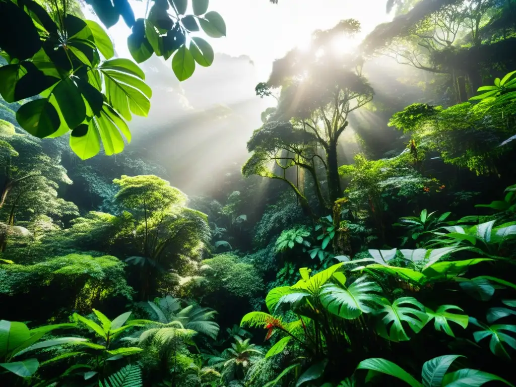 Una fotografía deslumbrante y de alta resolución de un exuberante y vibrante bosque tropical rebosante de flora y fauna diversa