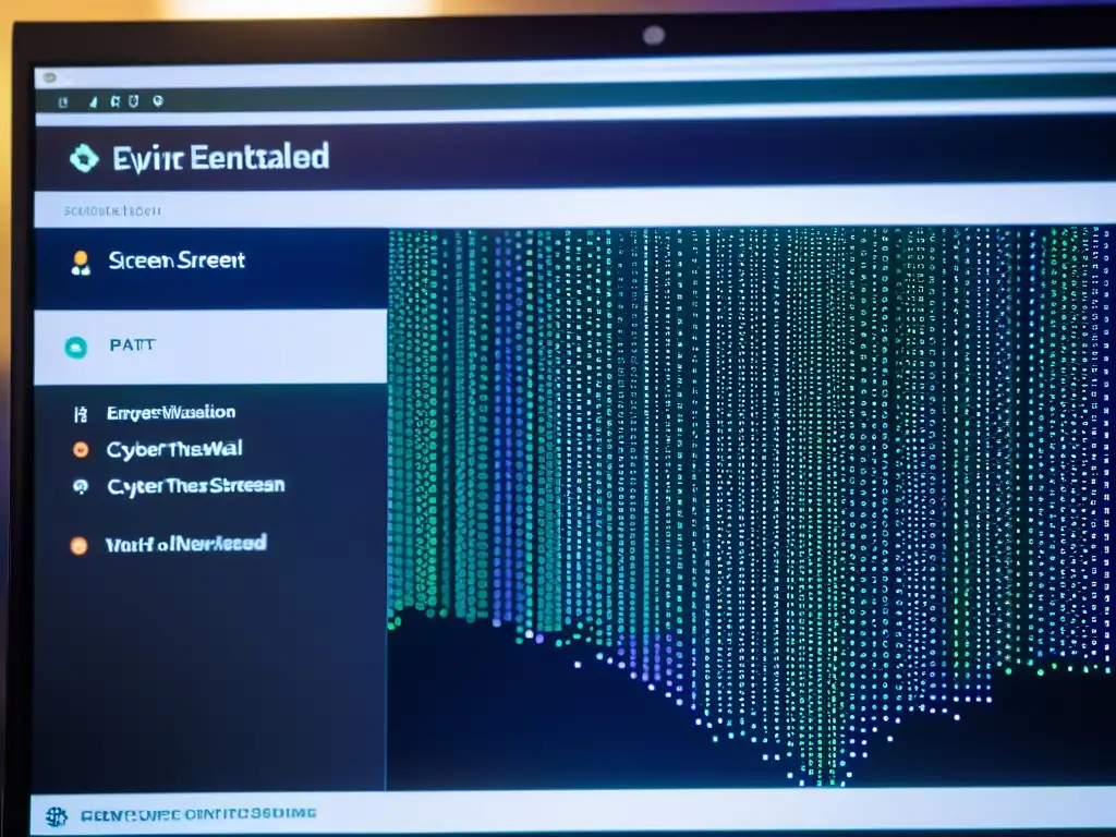 Detallada imagen de ciberseguridad en eventos virtuales ONG, con redes encriptadas y amenazas cibernéticas neutralizadas