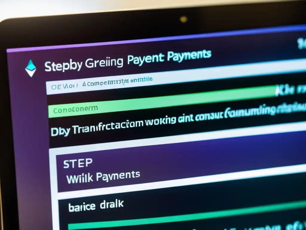 Detalle del proceso de integración de pagos en Ethereum en la pantalla de la computadora, mostrando código, interfaz y detalles de transacción