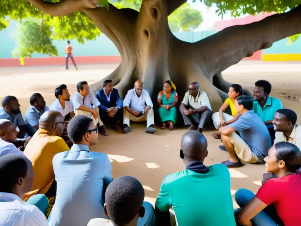 Diagnóstico participativo en ONGs comunidad: Grupo diverso bajo árbol, intercambiando ideas con respeto y colaboración, ambiente de empoderamiento