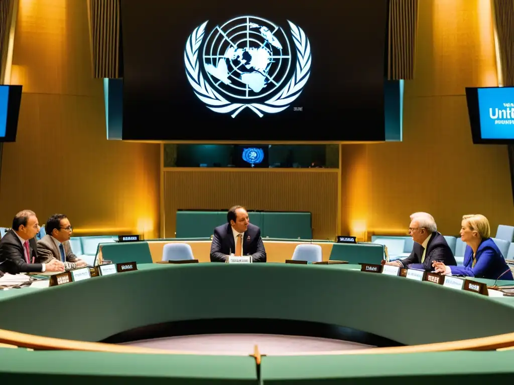 Diplomáticos y ONGs debaten estrategias en la sede de la ONU, transmitiendo la intensidad y responsabilidad de la diplomacia para ONGs influencia política internacional